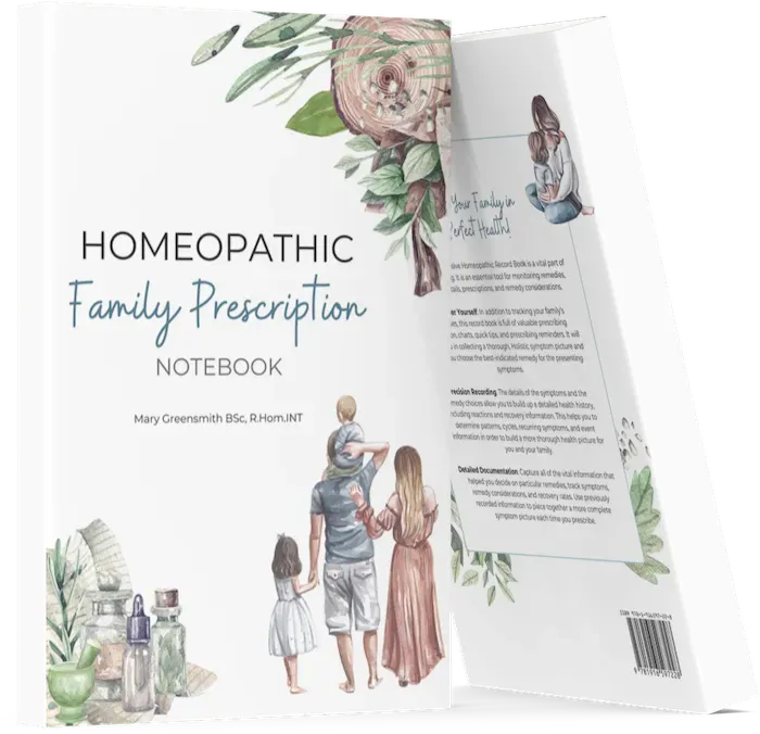 A beautifully illustrated “Homeopathic Family Prescription” notebook by Mary Greensmith, featuring a family holding hands and natural botanical elements, offered by Homeopathy at Home.