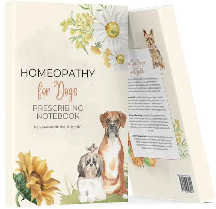 A charming “Homeopathy for Dogs” prescribing notebook by Mary Greensmith, featuring illustrated dogs, sunflowers, and daisies, created for Homeopathy at Home.