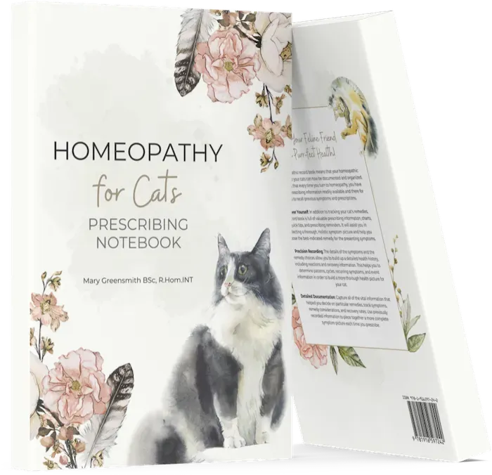 A beautifully illustrated “Homeopathy for Cats” prescribing notebook by Mary Greensmith, featuring a black and white cat and floral accents, offered by Homeopathy at Home.